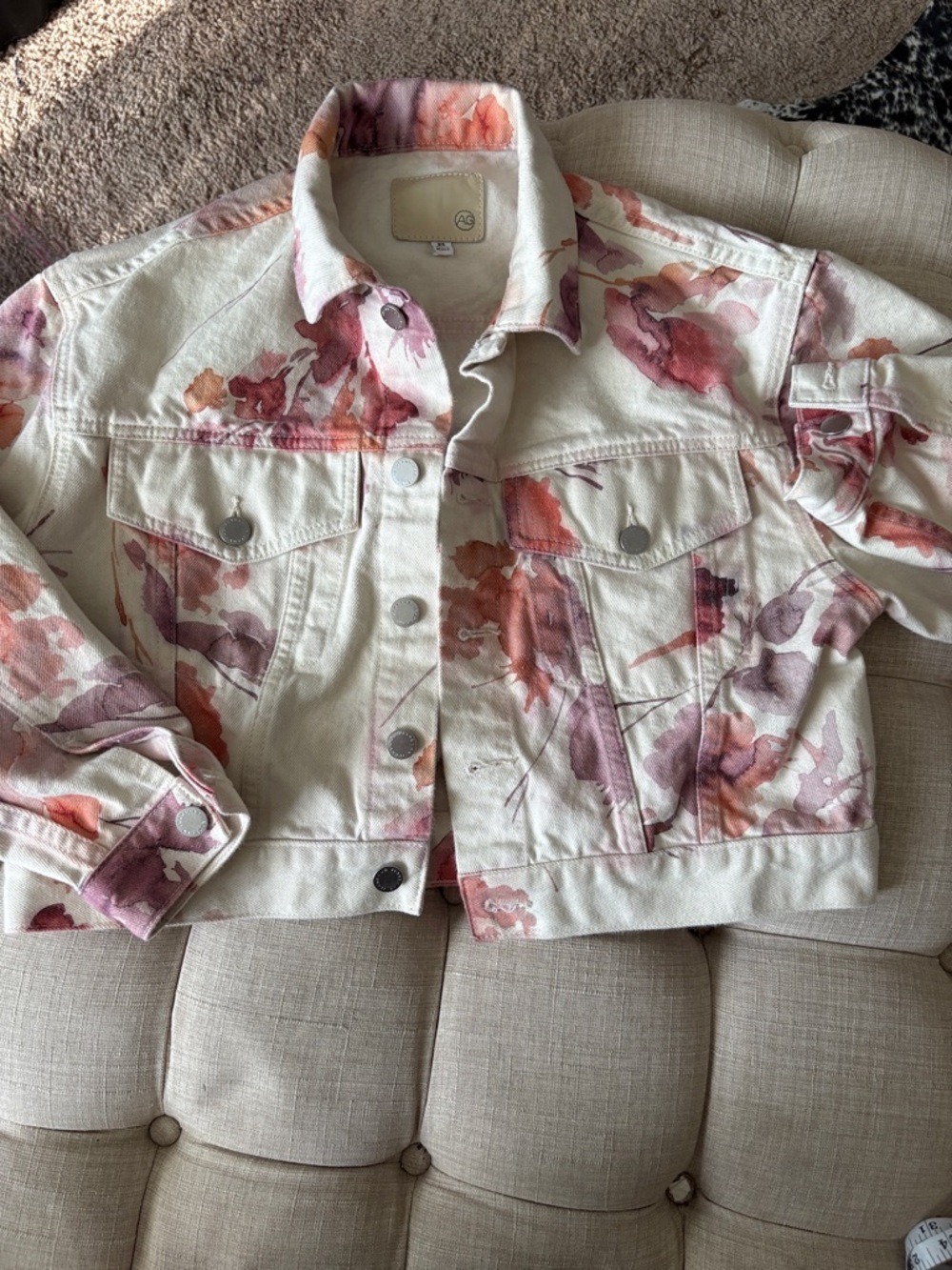 Ag Adriano Goldschmmied Cream Denim Jacket with Pink & Coral Floral Print
